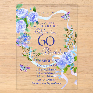 Blue Rose Ribbon 60th Birthday Invitation