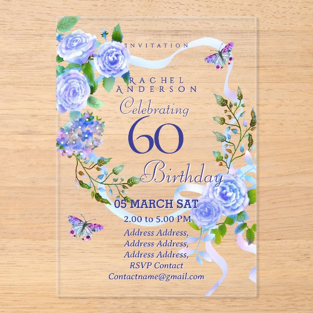 Blue Rose Ribbon 60th  Birthday Invitation (Recto)