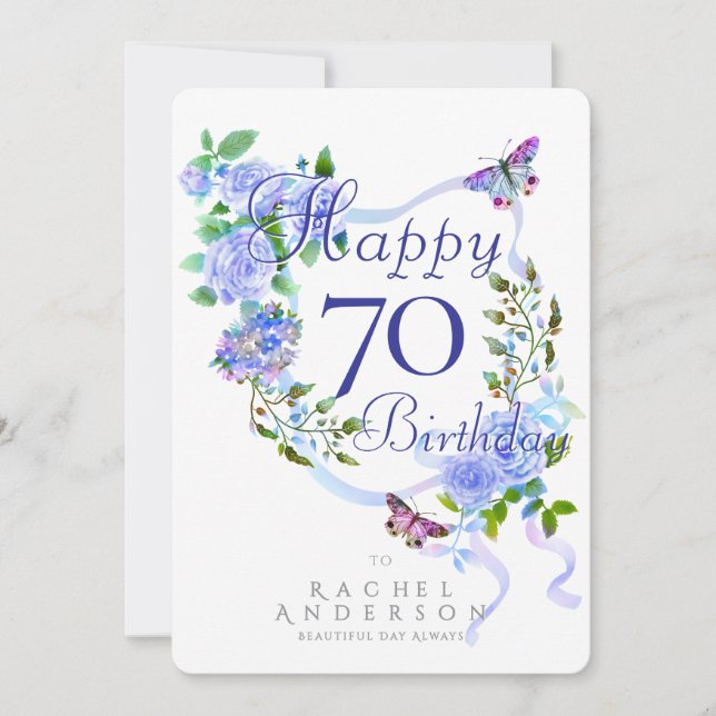 Blue Rose Ribbon 70th Birthday Holiday Card (Front)