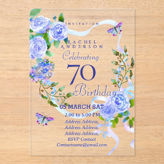 Blue Rose Ribbon 70th  Birthday Invitation