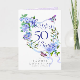 Blue Rose Ribbon Birthday Holiday Card