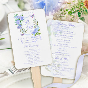 Blue Rose Ribbon Monogram Wedding Hand Fan