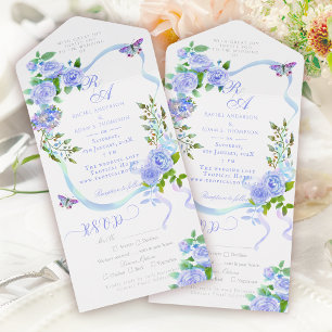 Blue Rose Ribbon Monogram Wedding Invitation