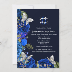 Blue rose silver butterfly royal foliage wedding invitation