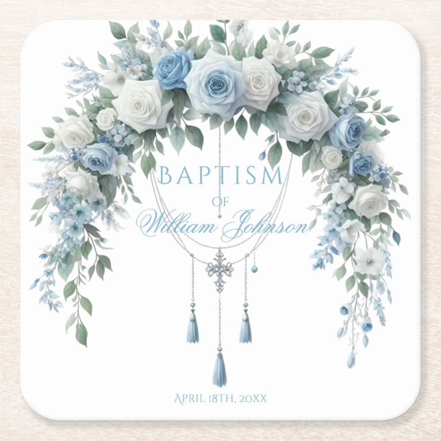 Blue Rose & Silver Cross Baptism Coaster (Front)