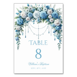 Blue Rose & Silver Cross Baptism Table Number