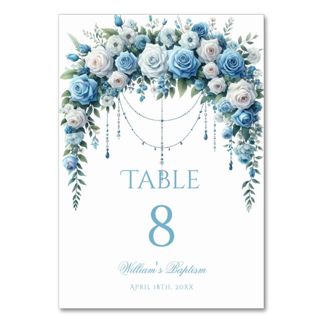Blue Rose & Silver Cross Baptism Table Number (Front)