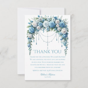 Blue Rose & Silver Cross Baptism Thank You Card