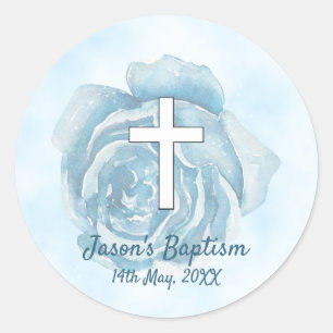 Blue rose sparkle boy Baptism Classic Round Sticker