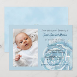 Blue rose sparkle Christening Invitation