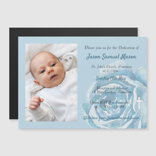 Blue rose sparkle dedication magnetic invitation (Front/Back)