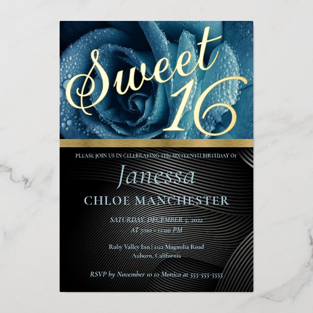 Blue Rose Sweet 16 Invitation Foil Invitation (Front)