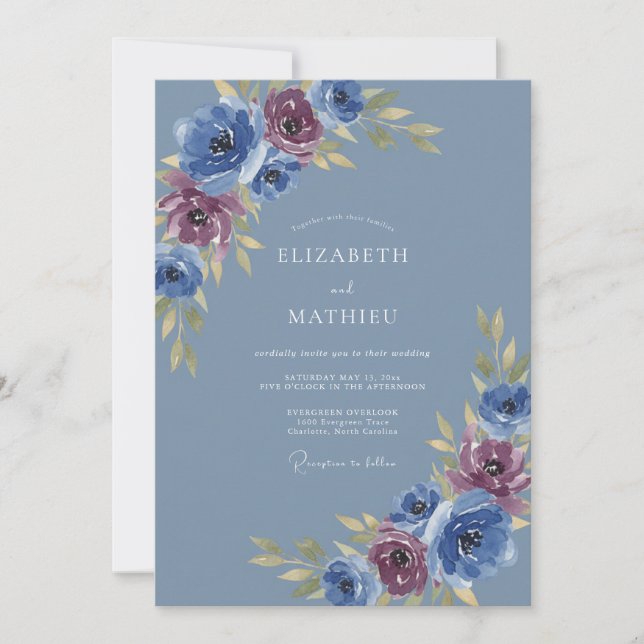 Blue Rose Swirl Romantic Wedding Invitation (Front)