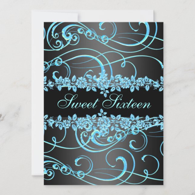 Blue Rose & Swirl Sweet16 Design Birthday Invite (Front)