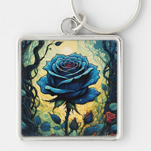 Blue Rose Vines 1 Square Keychain