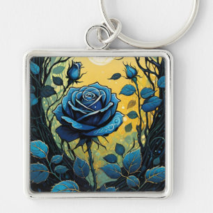 Blue Rose Vines 2 Square Keychain