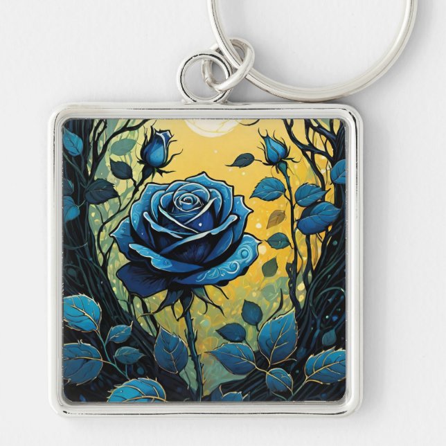 Blue Rose Vines 2 Square Keychain (Front)