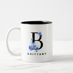 Blue Rose Watercolor Floral Letter B Monogram Two-Tone Coffee Mug