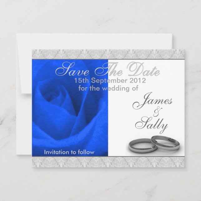Blue Rose & Wedding Rings Save The Date Card (Front)