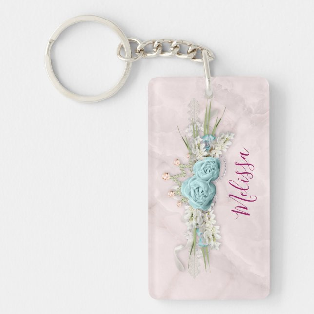 Blue Roses and Crown Floral Bouquet Keychain (Front)