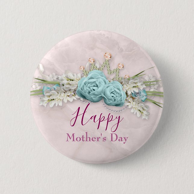 Blue Roses and Crown Floral Bouquet Mother's Day 2 Inch Round Button (Front)