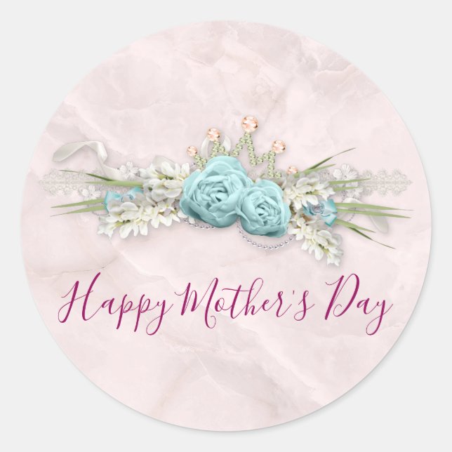 Blue Roses and Crown Floral Bouquet Mother's Day Classic Round Sticker (Front)