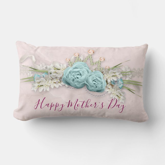 Blue Roses and Crown Floral Bouquet Mother's Day Lumbar Pillow (Front)