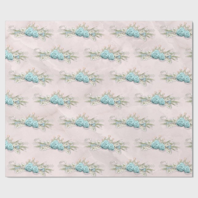 Blue Roses and Crown Floral Bouquet Pattern Wrapping Paper (Flat)