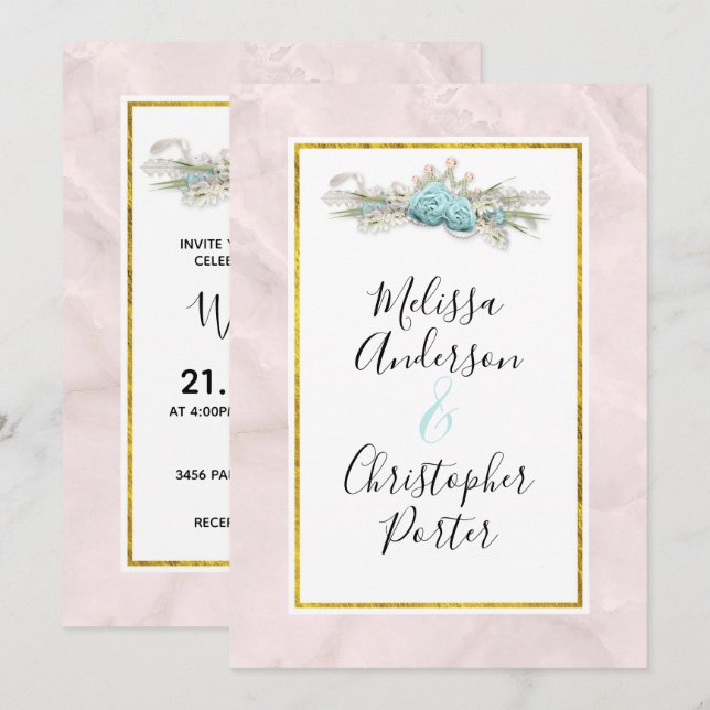 Blue Roses and Crown Floral Bouquet Wedding Invitation (Front/Back)