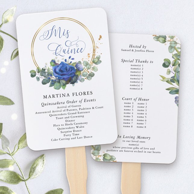 Blue Roses and Eucalyptus Order of Events Hand Fan (Mis Quince Programs, printed on hand fans. Add any info you wish such as order of events, VIP names)
