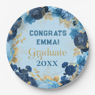 Blue Roses and Gold Foil Leaves Graduation  Paper Plate