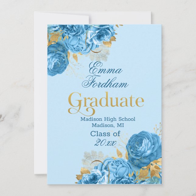Blue Roses and Gold Foil Leaves Graduation Party Announcement (Front)