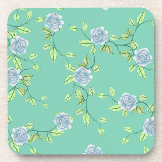 Blue Roses and Green Vines Custom Pattern Coaster (Front)