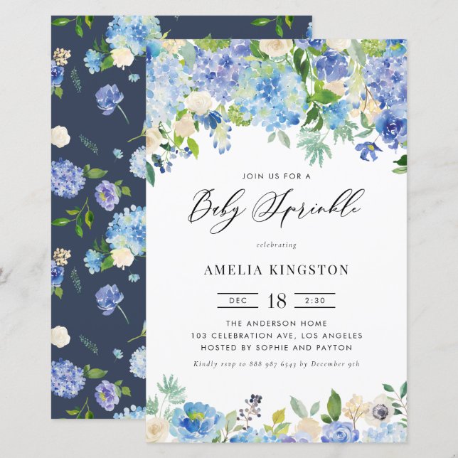 Blue Roses and Hydrangea Baby Sprinkle Invitation (Front/Back)
