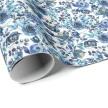 Blue Roses and Leaves Wrapping Paper