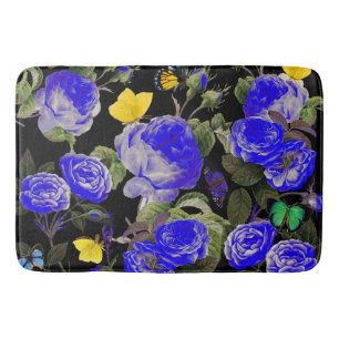 BLUE ROSES AND YELLOW BUTTERFLIES Black Bath Mat