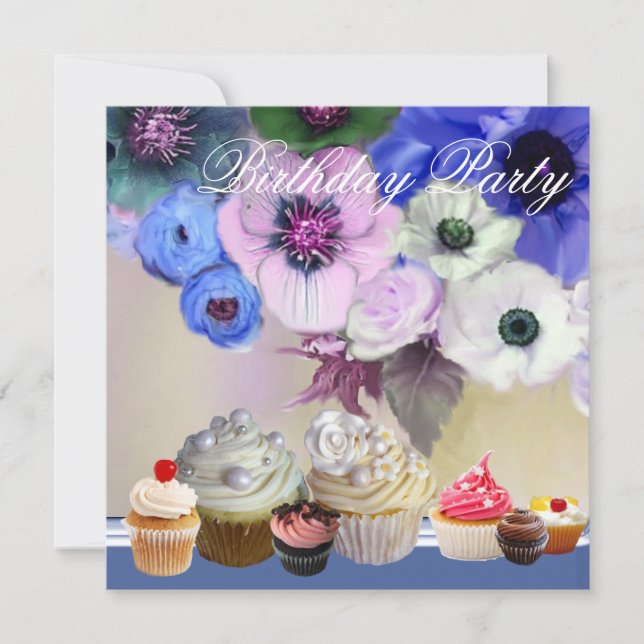 BLUE ROSES ANEMONE FLOWERS AND CUPCAKES Birthday Invitation (Front)