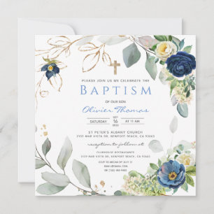 Blue Roses Boy Baptism Invitation