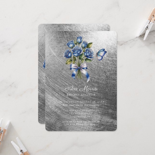 Blue Roses Butterfly Silver Bridal Shower Invitation (Front/Back In Situ)