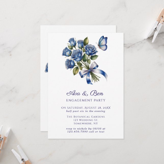 Blue Roses Butterfly Silver Engagement Party Invitation (Front/Back In Situ)