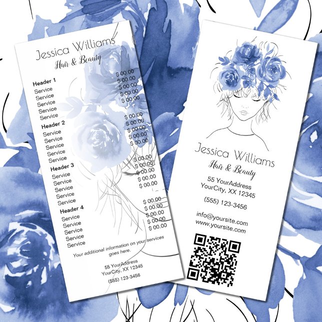 Blue roses cute girl hair beauty price list QR  Rack Card (Creator Uploaded)