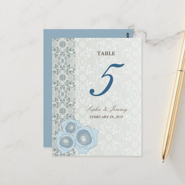 Blue Roses Damask Lace Chic Wedding Table Number Postcard (Front/Back In Situ)