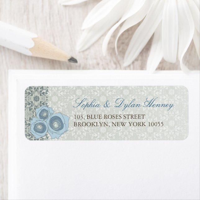 Blue Roses Damask Lace Elegant Wedding Address (Insitu)