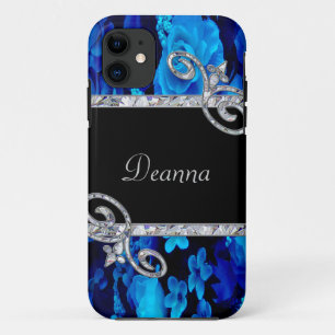 Blue Roses & Diamond Swirls Monogram iPhone 11 Case