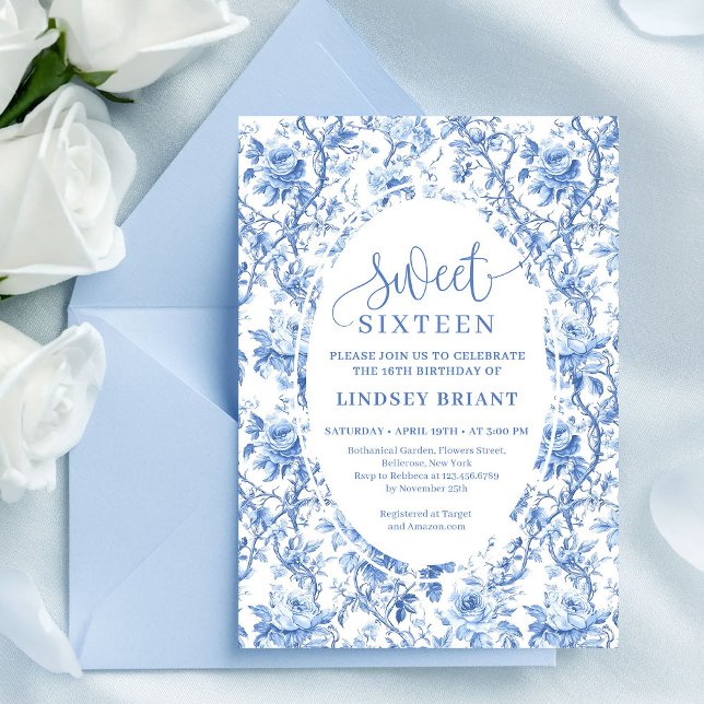 Blue Roses Digital Floral 16th Birthday Invitation (Blue Roses Digital Floral 16th Birthday Invitation)