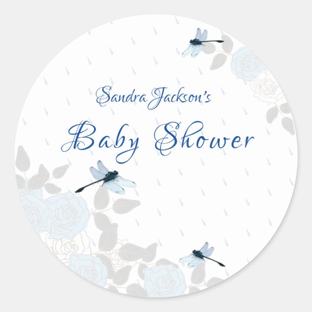 Blue Roses Dragonfly Boy Baby Shower Classic Round Sticker (Front)