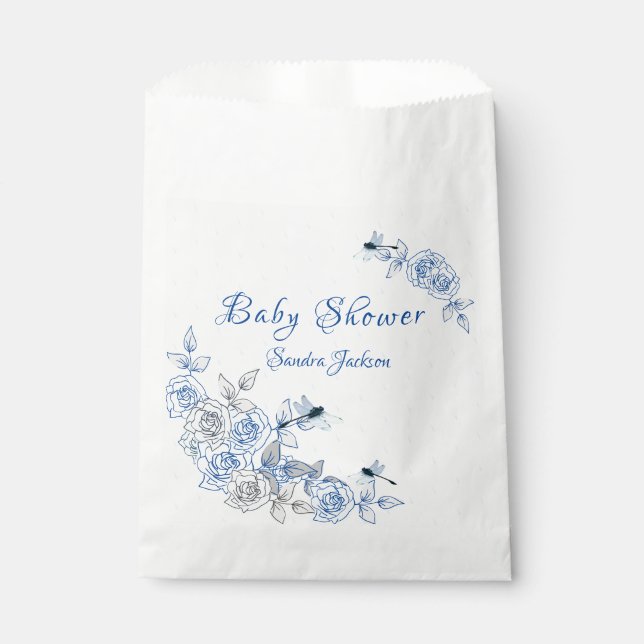 Blue Roses Dragonfly Boy Baby Shower Favour Bag (Front)