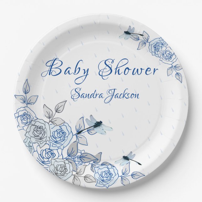 Blue Roses Dragonfly Boy Baby Shower Paper Plate (Front)