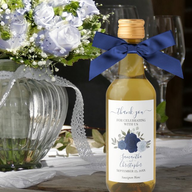 Blue Roses Elegant Boho Wedding Thank You Mini Wine Label (Creator Uploaded)