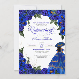 Blue Roses Elegant Charro Dress Floral Quinceanera Invitation